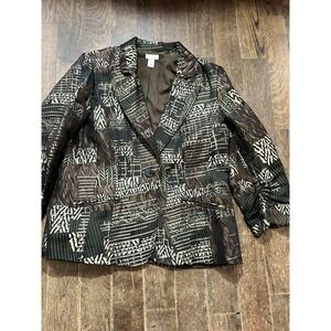 Chico's Womens Black Green Jungle Safari Jacquard 3/4 Sleeve Blazer Jacket 2 (L)